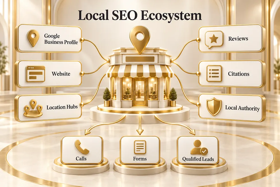 Local SEO ecosystem: Google Business Profile, website, location hubs, reviews, citations and local authority driving calls, forms and qualified leads